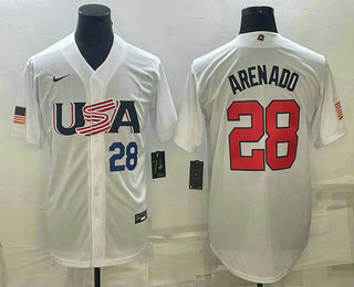 Men%27s USA Baseball #28 Nolan Arenado Number 2023 White World Baseball Classic Replica Stitched Jerseys